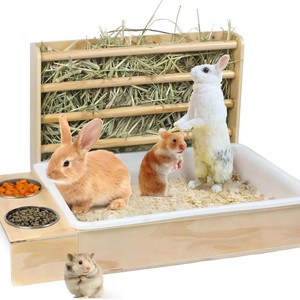 Comedero de heno de madera para conejos con bandeja de alimentación para animales pequeños, juego de vivienda duradero para mascotas - Product Image 1