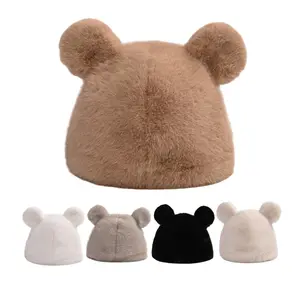 Bonnet en peluche oreilles d'ours personnalisé en gros Chapeau chaud d'hiver en fourrure poilue pelucheuse confortable