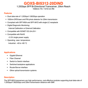 Module transcepteur optique industriel GOXS BI5312 20D IND 1.25G SFP BiDi 1550TX 1310RX 20KM Fibre Monomode DDM LC - Product Image 2