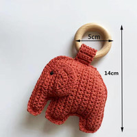 Cincin Kayu Beech Bebas BPA Buatan Tangan, Mainan Gigitan Bayi Bentuk Gajah Rajutan Katun, Hiasan Natal