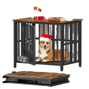 Easycom 31 "çevre dostu katlanabilir köpek sandık mobilya ayarlanabilir kaseler adı etiketi orta köpekler için rustik kahverengi ahşap kulübesi - Product Image 1