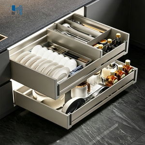 Panier coulissant pour armoire de cuisine, organisateur de rangement multi-niveaux avec séparateur à couverts, support pour vaisselle et porte-épices - Product Image 1