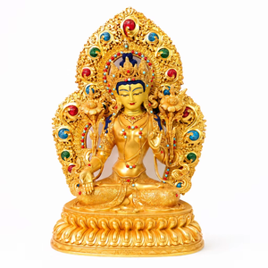 Statue <span class=keywords><strong>d</strong></span>'<span class=keywords><strong>ange</strong></span> Tara verte et blanche faite à la main, sculpture bouddhiste tibétaine en laiton, auréole plaquée or, pour autel, temple, Feng Shui, style moderne - Product Image 1