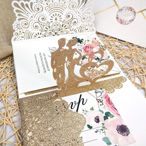 Invito di Nozze di Lusso 3D <span class=keywords><strong>Pop</strong></span>-up con Sposi, Carta Glitterata, Taglio Laser, Tasca Dorata, Inviti di Fidanzamento - Product Image 3