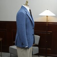 Blazer en laine bleu sur mesure pour homme, coupe ajustée italienne, veste de costume texturée pour affaires et sport