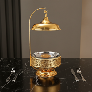 Plat de service buffet doré 8L en acier inoxydable avec couvercle cloche suspendu pour traiteur de mariage royal - Vente en gros - Product Image 3