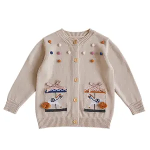 Ivy41036A-cárdigan con diseño de pompón para niños, suéteres de dibujos animados, ropa infantil, boutique, Europa