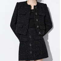 CUSTOM paillettes méné bureau costume décontracté col rond à manches longues simple boutonnage manteau Mini jupe crayon femmes laine mélanges Tweed 2 pièces
