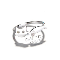 Anillos de Plata con Diseño de Gato y Pez para Mujer