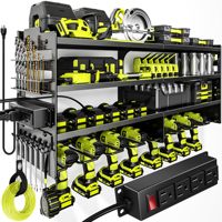 Support mural robuste à 4 niveaux en acier carbone noir pour outils électriques avec 4 multiprises pour garage et atelier