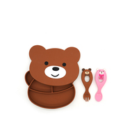 Nouvel Arrivage Ensemble de Couverts en Silicone pour Bébé Motif Couple d'Ours, Ensemble Cuillère et Fourchette pour l'Alimentation Complète du Bébé