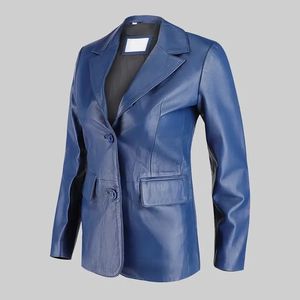 Veste blazer en cuir bleu pour femmes, deux boutons, costume tendance, vêtements d'extérieur pour femmes - Product Image 3