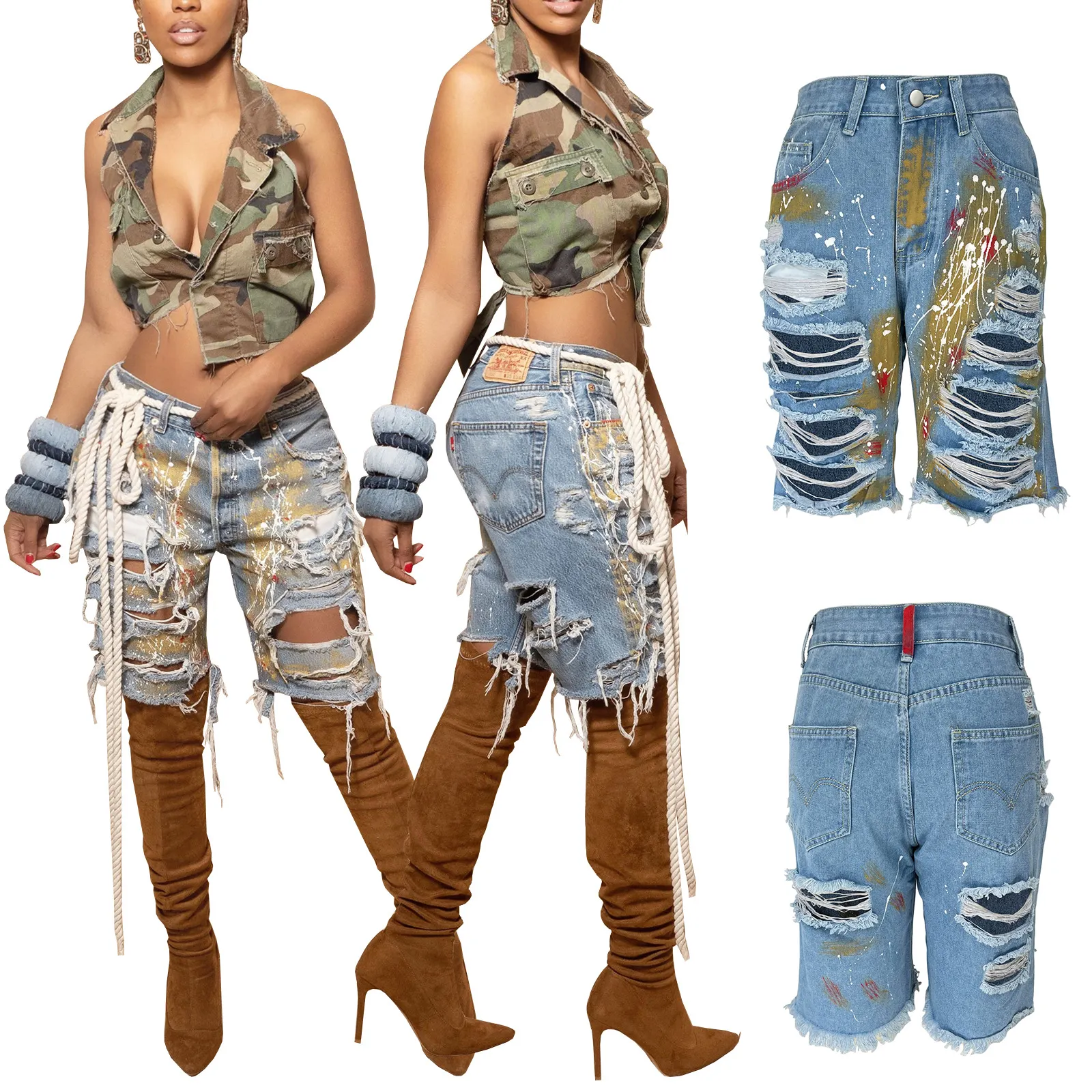 In Stock Latest Design Hollow Out Colorful Jeans Summer Streetwear 2023 Women Pants Denim Shorts For Women