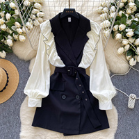 Robe décontractée élégante pour femmes, à volants, patchwork, manches longues bouffantes, ceinture, coupe trapèze, pour le quotidien et le bureau