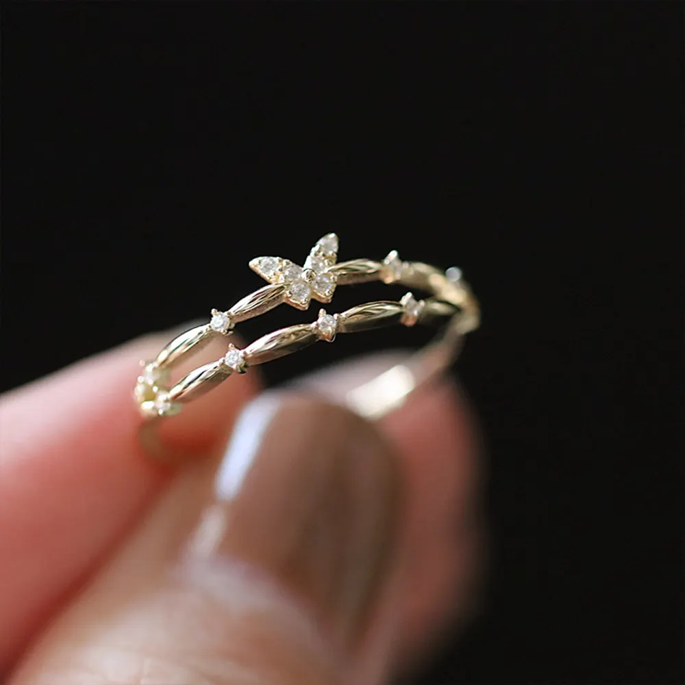 Oro argento doppio strato fascia Skinny farfalla anello Dainty CZ zircone regolabile anelli minimi per gioielli da donna