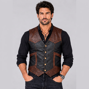 <b>Men's</b> black brown leather west Collar Button - Product Image 1