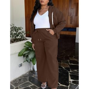Conjunto deportivo de dos piezas para mujer de talla grande FOXA, sudadera con capucha y cremallera, pantalones deportivos de pierna ancha, ropa informal para estar en casa. - Product Image 2