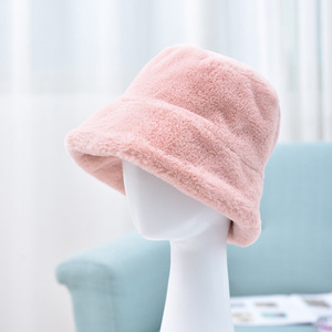 D1927 mujeres niña invierno cálido sombreros de pescador plano ala ancha liso piel <span class=keywords><strong>lana</strong></span> felpa sombrero de cubo - Product Image 5