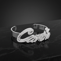 Pulsera Abierta de Plata Aurum Diam con Colgante de Nombre, Micro Pavé de Moissanita, Certificado EGI, Forma de Corona, Estilo Hip Hop, Unisex, Regalo