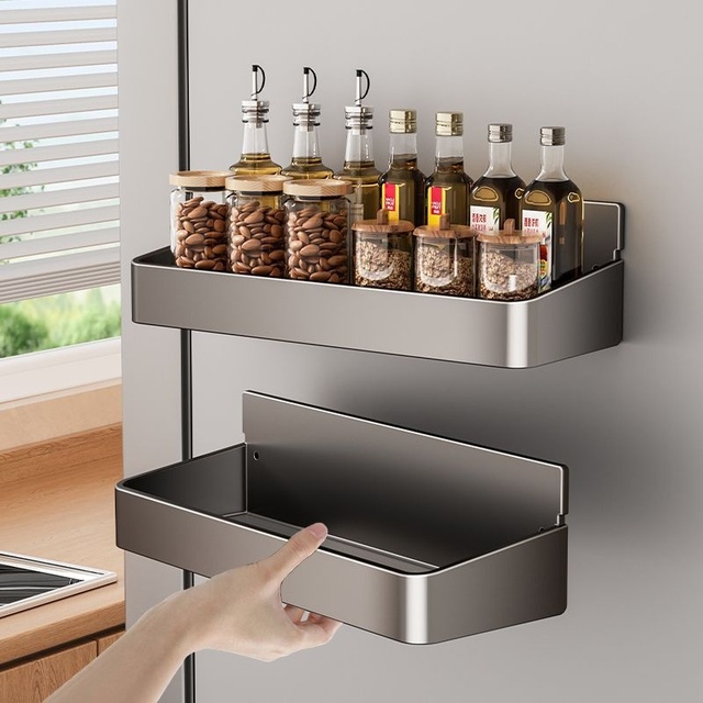 Modern Wall Mounted Refrigerator Organizers and Magnetic Shelf with Metal for Kitchen Spice Storage No Drilling Required