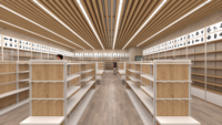 Équipement de supermarché complet : rayonnages gondole double face robustes en bois et métal, sur mesure