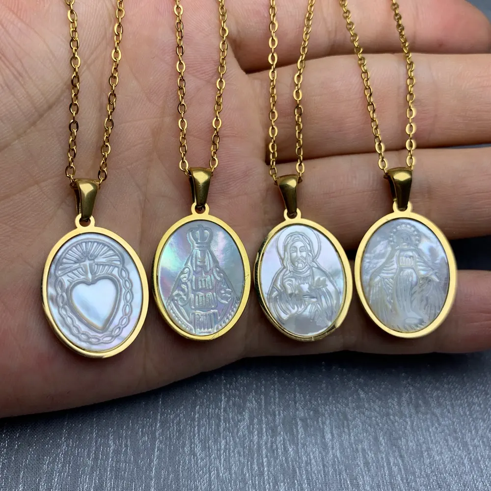 Wholesale Stainless Steel Necklace MOP Sea Shell Religious Jesus Our Lady Virgin Mary Sacred Heart Pendant For Women