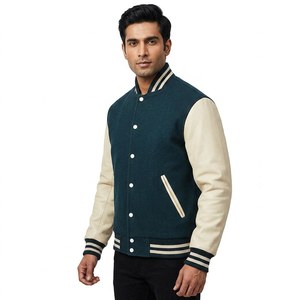 Autumn Red Black Casual Leather Sleeves Wool Unisex University Baseball Varsity <b>Men</b> Jackets - Product Image 1