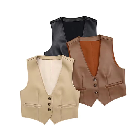 1151 Fashion and Simple Button Genuine Leather Sheep Kin Short Vest Over Waistcoat for Women