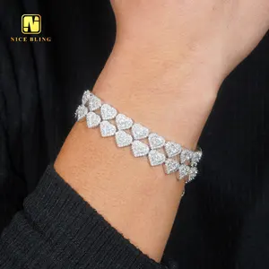 Hợp thời trang Iced out tim hình dạng vòng đeo tay Unisex moissanite đồ trang sức thời trang 925 Bạc cụm phòng thí nghiệm kim cương 8mm Vòng đeo tay trái tim