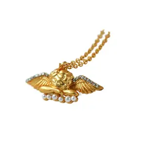 Europe and America Hot Selling 925 Sterling Silver Gold Plated Cute Angel Pearl Necklace Jewelry