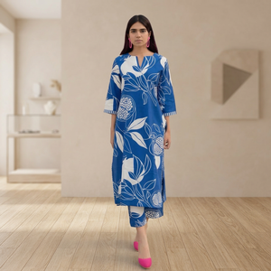 Conjunto de Vestido Casual de Algodón con Estampado Floral Azul para Mujer, Cuello en V, Manga Tres Cuartos, Corte Holgado, Estilo Midi, para Verano - Product Image 1