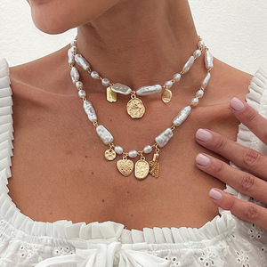 Collar con Colgante de Corazón de Bambú con Perlas de Imitación de Forma Irregular <span class=keywords><strong>y</strong></span> Grabado en Hierro, Estilo Barroco, para Mujer, Estilo Europeo <span class=keywords><strong>y</strong></span> Americano - Product Image 2