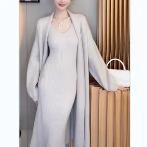 Fall and winter new long-sleeved halter dress suit female lazy wind loose thickened knitted cardigan sweater two-piece set