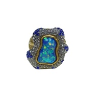 Tasarımcı Vintage Altın Ateş Opal Tam Değerli Taş Mavi Safir Kalın Bant Büyük Karat Geometrik Abartılı Zarif Yüzükler Sanat Takıları
