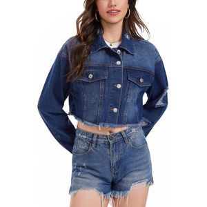Veste en jean courte personnalisée pour femme, à manches longues, ourlet effiloché, boutonnée, tenue tendance - Product Image 3