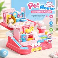 Casa de Brinquedo Magnética Surpresa para Animais de Estimação, Conjunto Interativo para Meninas e Crianças, Brinquedo de Faz de Conta de Cuidados com Animais com Elevador, Escorregador e Acessórios