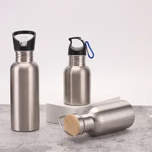 Hot sale Sports Natural Bamboo Lids Water Bottle single Wall 304 18/8 Stainless Steel 500ml water bottle outer travel Flask