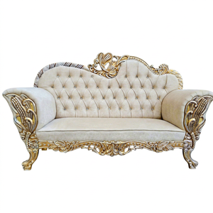 Ensemble de canapés de mariage de luxe vintage professionnel, traditionnel et élégant, avec cadre en métal sculpté doré et revêtement en velours capitonné, personnalisable pour événements - Product Image 1