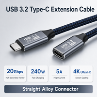 Kabel Ekstensi USB 3.2 Tipe C Grosir 20Gbps 240W 5A Male Female Konektor Lurus Berbahan Nilon Kepang Alloy untuk Laptop Monitor OEM