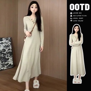 Wheat-colored Long Sleeve V-neck Sweater Dress Natural Waist Solid Color Autumn Winter Women's Inner Layer Dress - Product Image 1