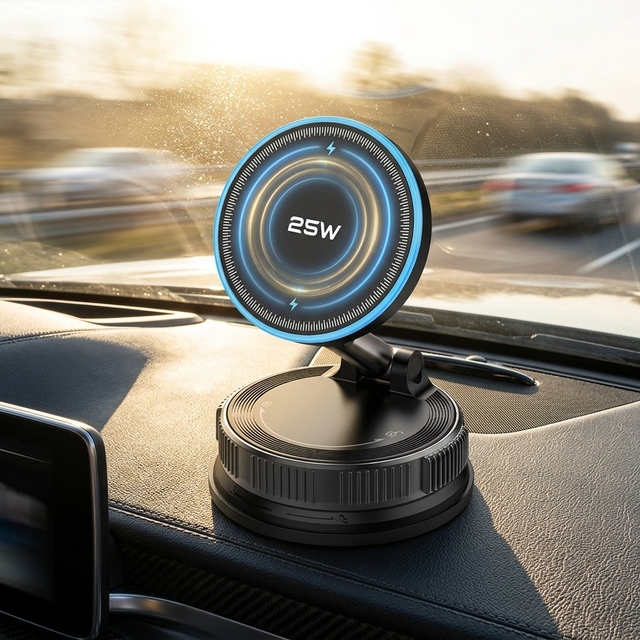 25W Super Fast Magnetic Car Wireless Charger with Vacuum Suction Cup 360° Rotation Car Phone Holder with Wireless Charging