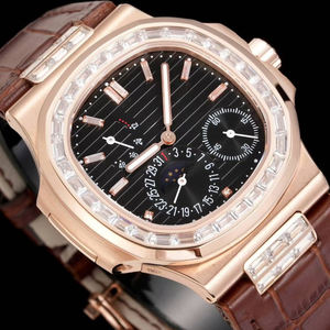 Montre automatique élégante pour homme de qualité supérieure, lunette sertie de diamants, bracelet en cuir noir, aiguille verticale, chronographe, phase de lune, mécanique - Product Image 2