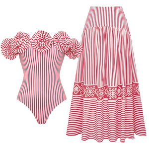 Wholesale Women Off Shoulder 3D Flower Bathing Suit 2 in 1 Set Red White Striped One Piece Swimsuit With Long Skirt OEM ODM - Product Image 1