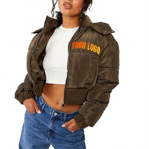 Brown Short Puffer <b>Jacket</b> <b>Women's</b> Zipper Closure Windproof Casual Winter Coat Front Logo Print Polyester Filling - Product Image 1