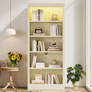 Bibliothèque en bois de 83,4 po de hauteur avec bande lumineuse, 5 étagères réglables, organisateur de rangement autoportant pour CD/livres, beige jaune - Product Image 2