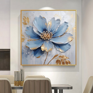 Pintura al óleo floral abstracta, arte de pared enmarcado cuadrado, marco dorado, pintura decorativa hecha a mano para sala de estar, fondo de sofá - Product Image 4