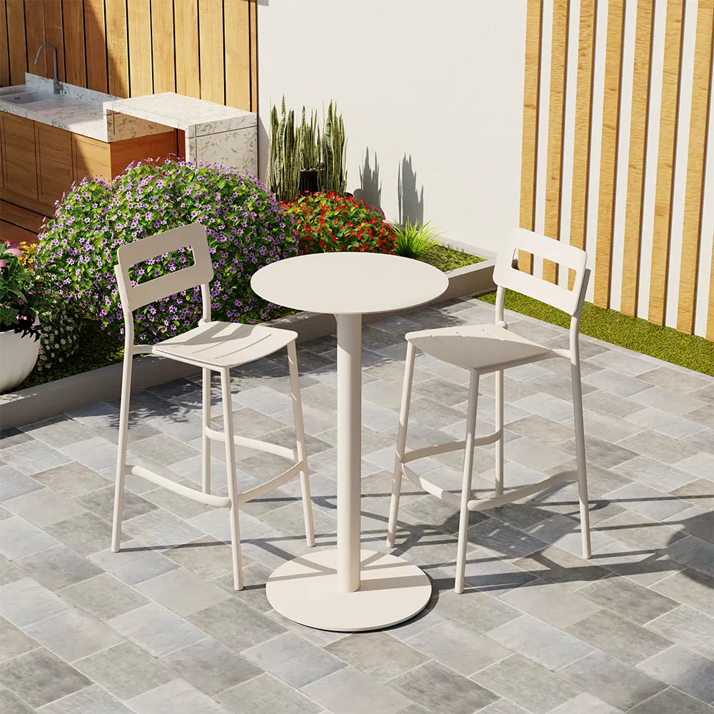 Mesa de Bar redonda alta de aluminio moderno para exteriores y juego de sillas de taburete de bar para todo tipo de clima