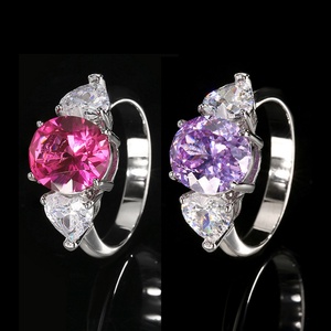 Fashion Jewelry Eco-friendly Copper Oval Cut 9*10mm Rose Red Cubic Zircon Geometric 3 Stone <b>Open</b> Adjustable <b>Rings</b> for Women - Product Image 3