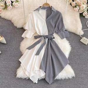 Zomer Casual Midi-Jurk Met Korte Mouwen Nieuwe Gestreepte Geweven Digitale Print Ademende Strapless Imperium Taille Kant Decoratie - Product Image 5