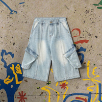 Short trois-quarts en denim uni rétro américain pour hommes Jeans de travail baggy décontractés à jambes larges unisexe lavage moyen pour l'été